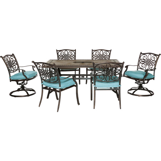 Hanover Monaco7pc: 4 Cush Dining Chairs, 2 Cush Swvl Chairs, 40x68" Tile Top Tbl223