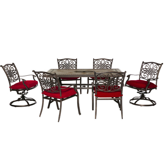 Hanover Monaco7pc: 4 Cush Dining Chairs, 2 Cush Swvl Chairs, 40x68" Tile Top Tbl224