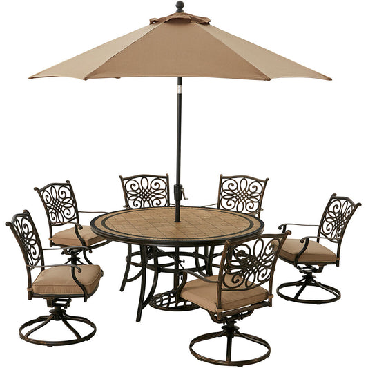 Hanover Monaco7pc: 6 Cush Swivel Rockers, 60" Round Tile Table, Umbrella, Base227