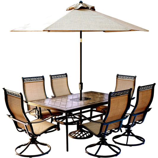 Hanover Monaco7pc: 6 Sling Swivel Rockers, 40x68" Tile Top Table, Umbrella, Base229