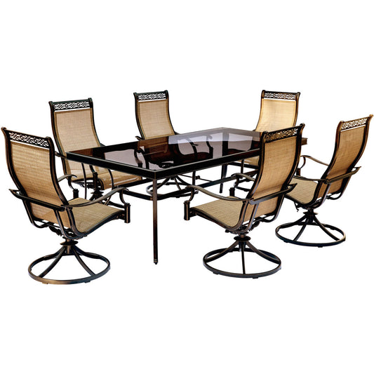 Hanover Monaco7pc: 6 Sling Swivel Rockers, 42x84" Glass Top Table230