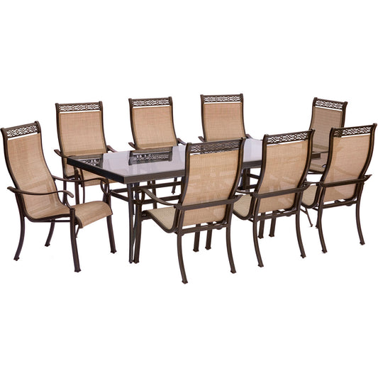 Hanover Monaco9pc: 8 Sling Dining Chairs, 42x84" Glass Top Table231