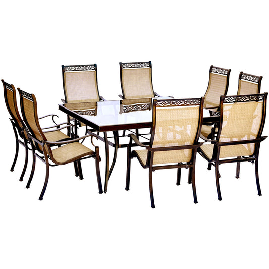Hanover Monaco9pc: 8 Sling Chairs, 60" Square Glass Top Table232