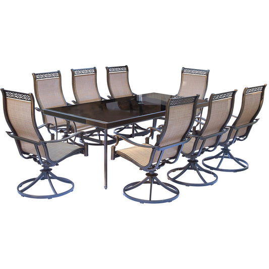 Hanover Monaco9pc: 8 Sling Swivel Rockers, 42x84" Glass Top Table233
