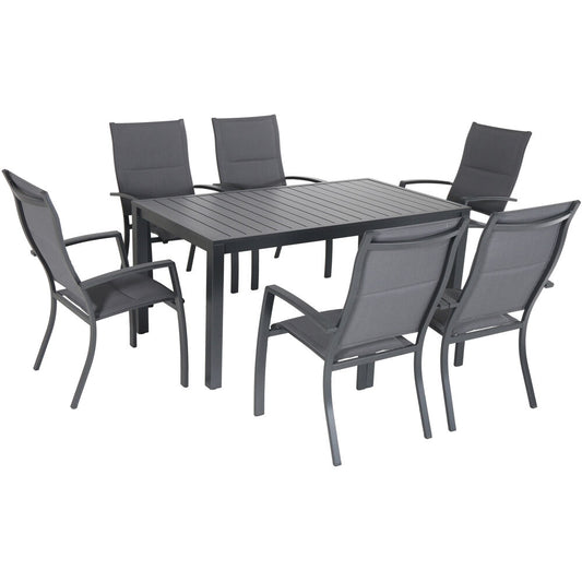 Hanover Naples7pc: 6 High Back Padded Sling Chairs, 63x35" Aluminum Slat Table237