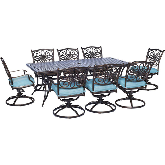 Hanover Traditions9pc: 8 Swivel Rockers, 42x84" Cast Table247