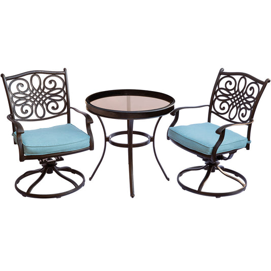 Hanover Traditions3pc: 2 Swivel Rockers, 30" Round Glass Top Table265