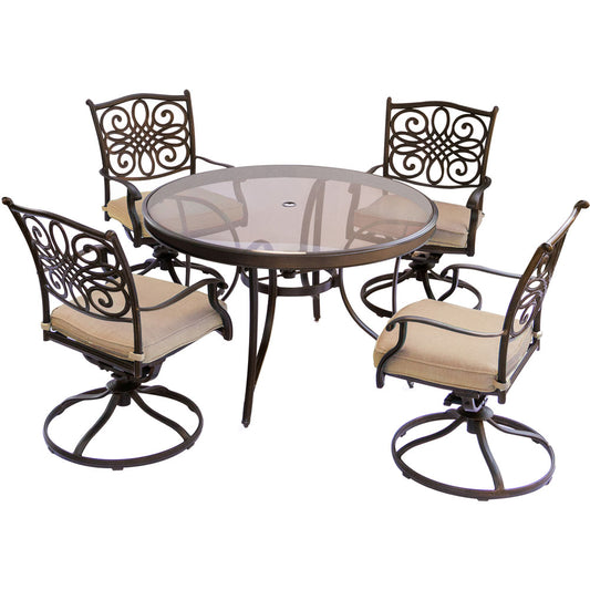 Hanover Traditions5pc: 4 Swivel Rockers, 48" Round Glass Top Table277