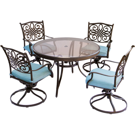 Hanover Traditions5pc: 4 Swivel Rockers, 48" Round Glass Top Table278