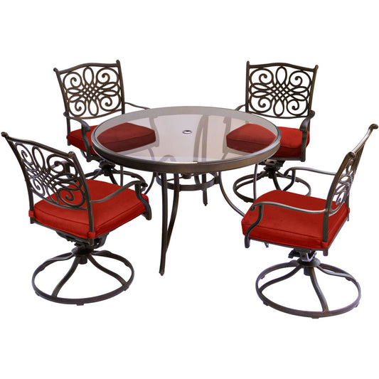 Hanover Traditions5pc: 4 Swivel Rockers, 48" Round Glass Top Table279