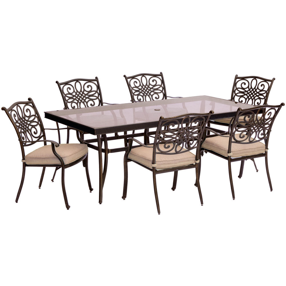 Hanover Traditions7pc: 6 Dining Chairs, 42x84" Glass Top Table284