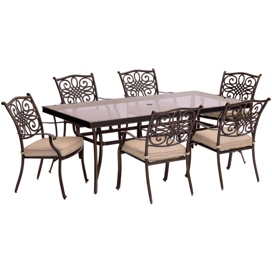Hanover Traditions7pc: 6 Dining Chairs, 42x84" Glass Top Table284