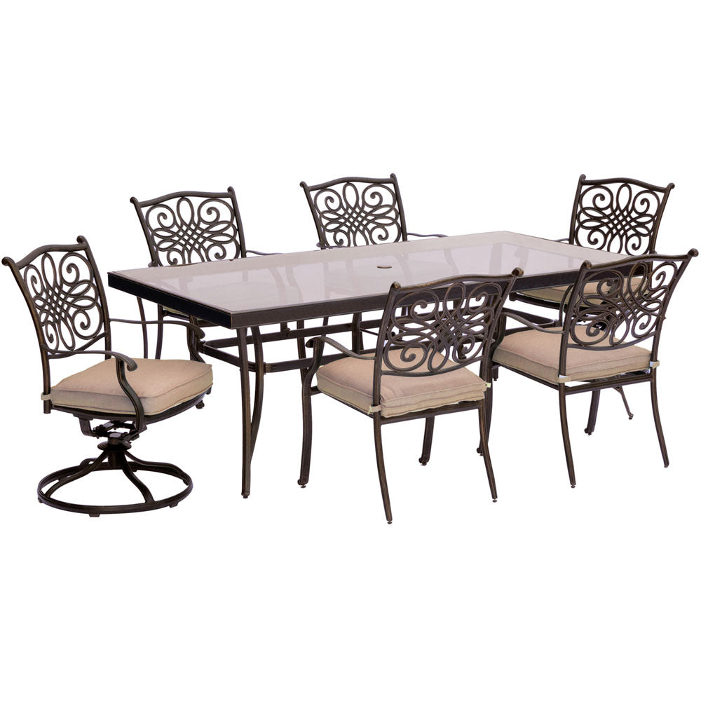 Hanover Traditions7pc: 4 Dining Chairs, 2 Swivel Rockers, 42x84" Glass Top Table288