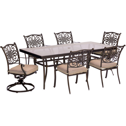Hanover Traditions7pc: 4 Dining Chairs, 2 Swivel Rockers, 42x84" Glass Top Table288