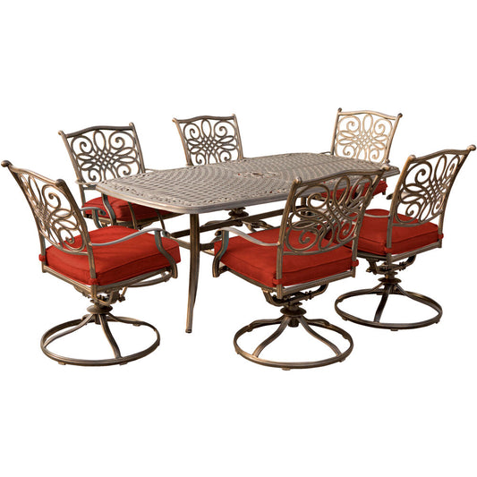 Hanover Traditions7pc: 6 Swivel Rockers, 38x72" Cast Table290