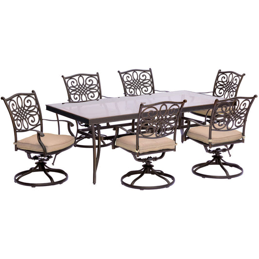 Hanover Traditions7pc: 6 Swivel Rockers, 42x84" Glass Top Table293