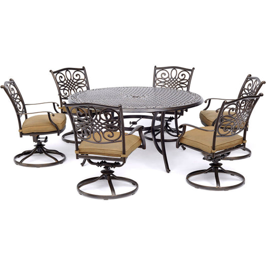 Hanover Traditions7pc: 6 Swivel Rockers, 60" Round Cast Table295