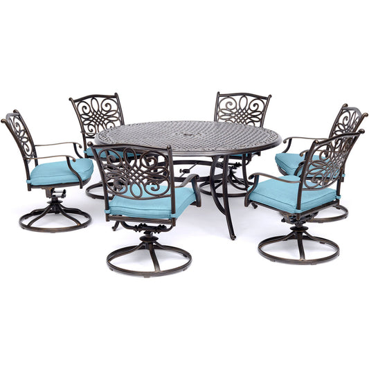 Hanover Traditions7pc: 6 Swivel Rockers, 60" Round Cast Table296