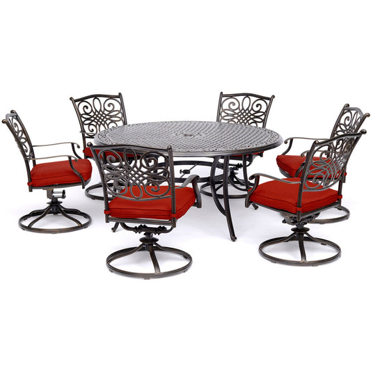 Hanover Traditions7pc: 6 Swivel Rockers, 60" Round Cast Table297
