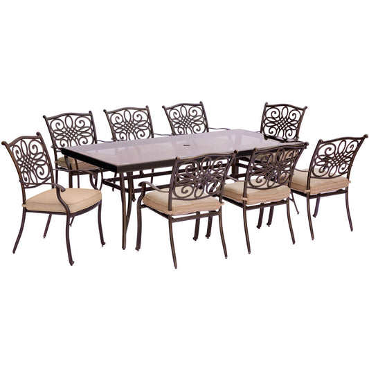 Hanover Traditions9pc: 8 Dining Chairs, 42x84" Glass Top Table301