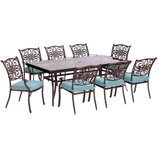 Hanover Traditions9pc: 8 Dining Chairs, 42x84" Glass Top Table302