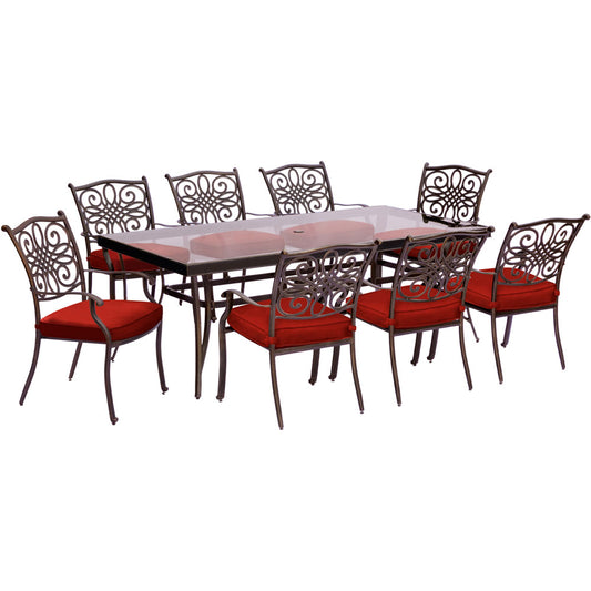 Hanover Traditions9pc: 8 Dining Chairs, 42x84" Glass Top Table303