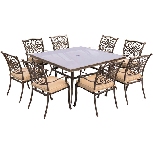 Hanover Traditions9pc: 8 Dining Chairs, 60" Square Glass Top Table307