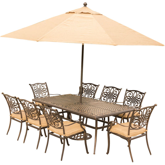 Hanover Traditions9pc: 8 Dining Chairs, 42x84" Cast Table, Umbrella, Base308