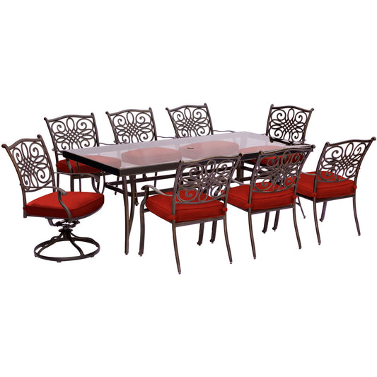 Hanover Traditions9pc: 6 Dining Chairs, 2 Swivel Rockers, 42x84" Glass Top Table310