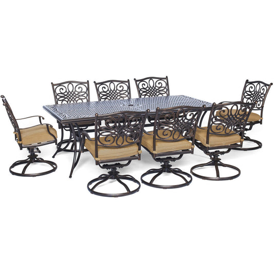 Hanover Traditions9pc: 8 Swivel Rockers, 42x84" Cast Table311