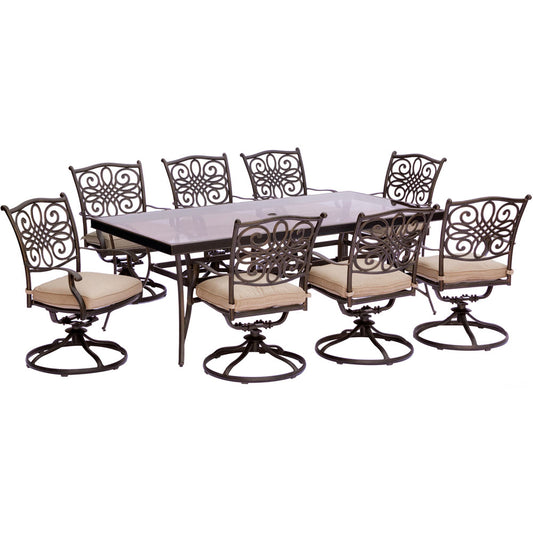 Hanover Traditions9pc: 8 Swivel Rockers, 42x84" Glass Top Table312