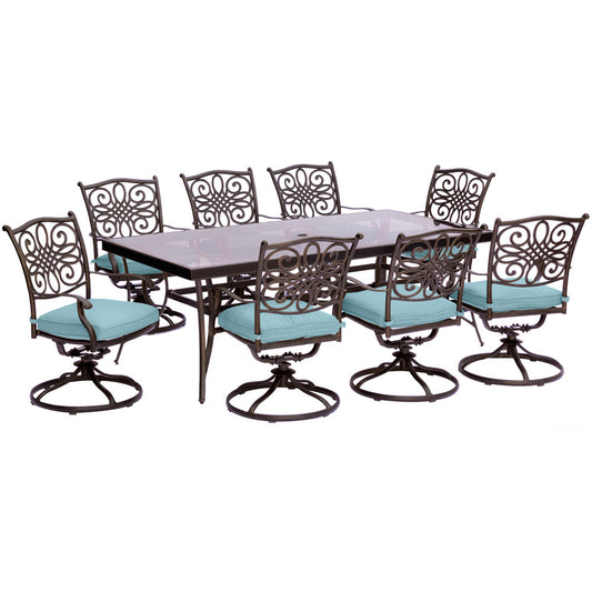 Hanover Traditions9pc: 8 Swivel Rockers, 42x84" Glass Top Table313