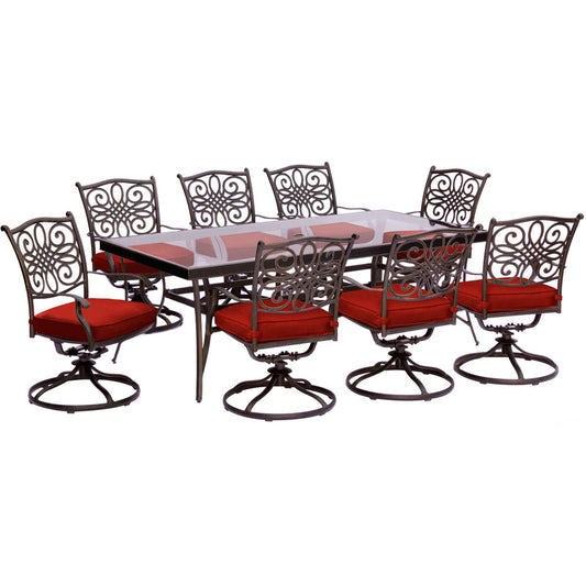 Hanover Traditions9pc: 8 Swivel Rockers, 42x84" Glass Top Table314
