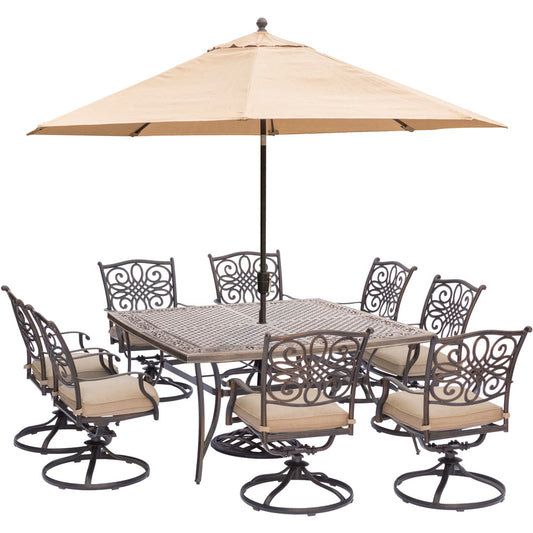 Hanover Traditions9pc: 8 Swivel Rockers, 60" Square Cast Top Table, Umb, Base316