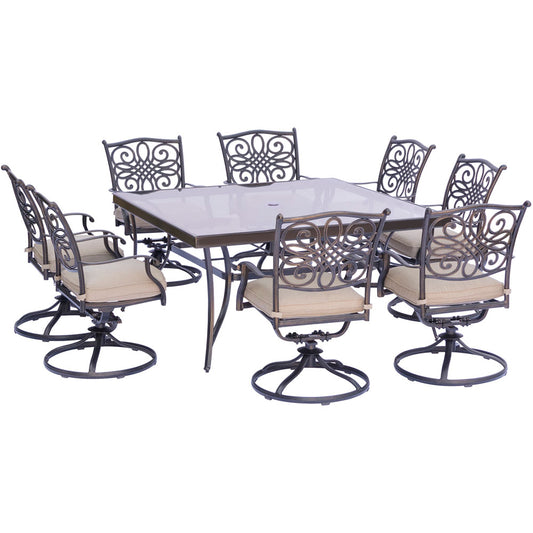 Hanover Traditions9pc: 8 Swivel Rockers, 60" Square Glass Top Table317