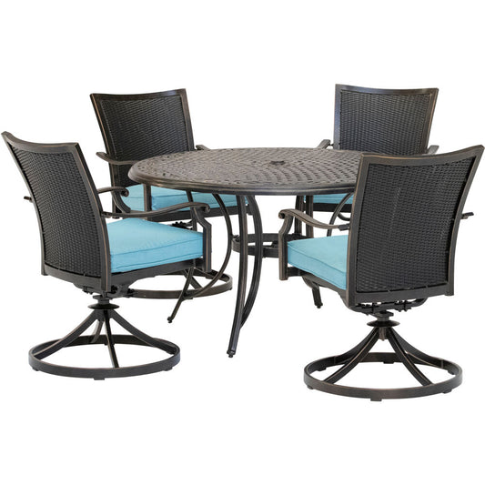 Hanover Traditions5pc: 4 Wicker Back Swivel Rockers, 48" Round Cast Table318
