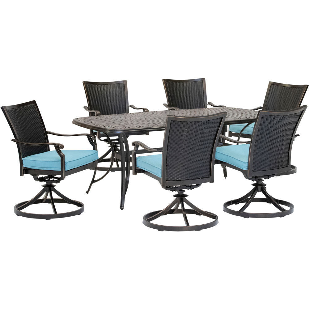 Hanover Traditions7pc: 6 Wicker Back Swivel Rockers, 38"x72" Cast Table319
