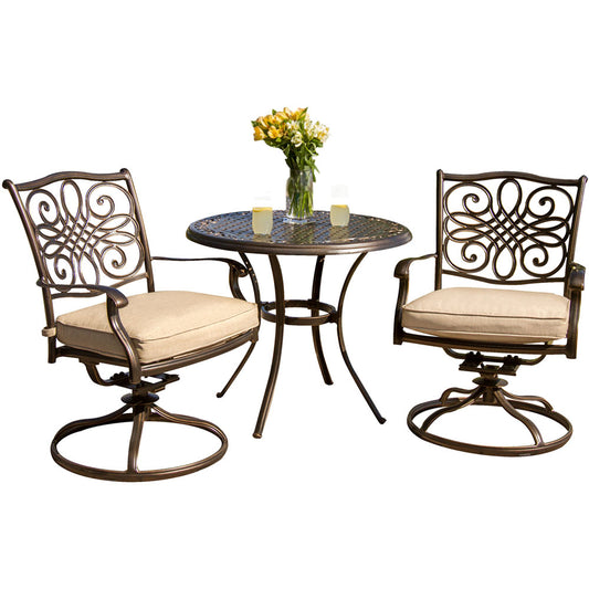 Hanover Traditions3pc: 2 Swivel Rockers, 32" Round Cast Table320