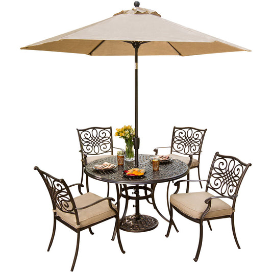 Hanover Traditions5pc: 4 Dining Chairs, 48" Round Cast Table, Umbrella, Base322
