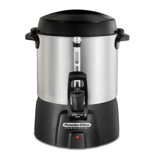 Proctor Silex Commercial, Alum. Urn, 40 cup, one hand dispensing, coffee level indicator