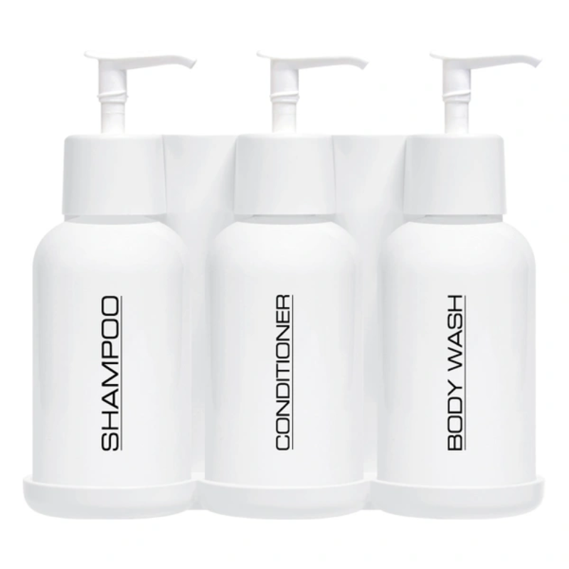 EcoEclipse Dispenser Triple Kit, containing: 1 triple white bracket, 3 8oz white bottles, 3 white pumps