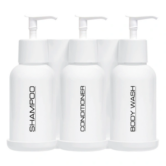 EcoEclipse Dispenser Triple Kit, containing: 1 triple white bracket, 3 8oz white bottles, 3 white pumps
