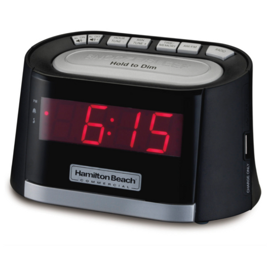 Clock radio 0.9" LED display, USB port, Dimmer Feature, Snooze, AM/FM , Alarm On Indicator, Single day alarm