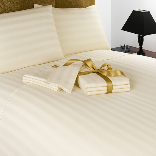 HOSPRPO ProLinen T-250 Flat Sheets 1" Bone/Bone Stripe, 60/40, 12" or 15" Pockets TWIN 66" x 115"