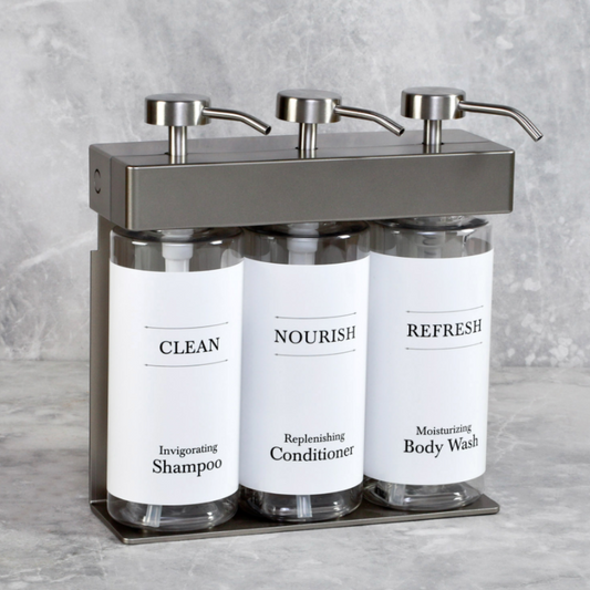 SOLera Dispenser, Three Bottle, Oval Bottles - Custom Labels - 360mL