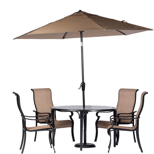 Hanover Brigantine5pc: 4 Sling Dining Chairs, 50" Round Cast Tbl, Umb & Base24
