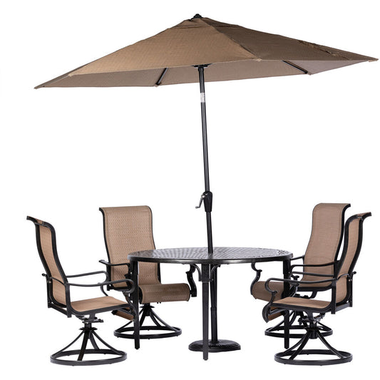 Hanover Brigantine5pc: 4 Sling Swivel Chairs, 50" Round Cast Tbl, Umb & Base26