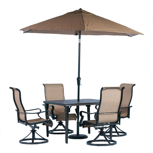 Hanover Brigantine5pc: 4 Sling Swivel Chairs, 42" Square Cast Tbl, Umb & Base28