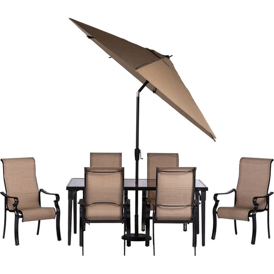 Hanover Brigantine 7-pc Dining Set: Alum. Glass Table, 6 Chr, Umbrella, Base31