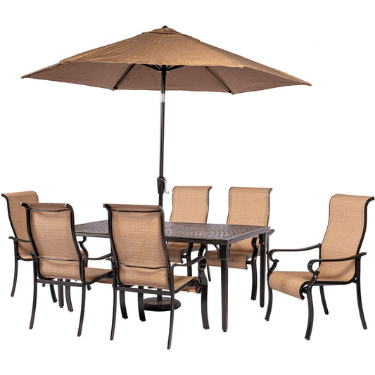 Hanover Brigantine 7-pc Dining Set: Alum. Table, 6 Chairs, Umbrella, Base32